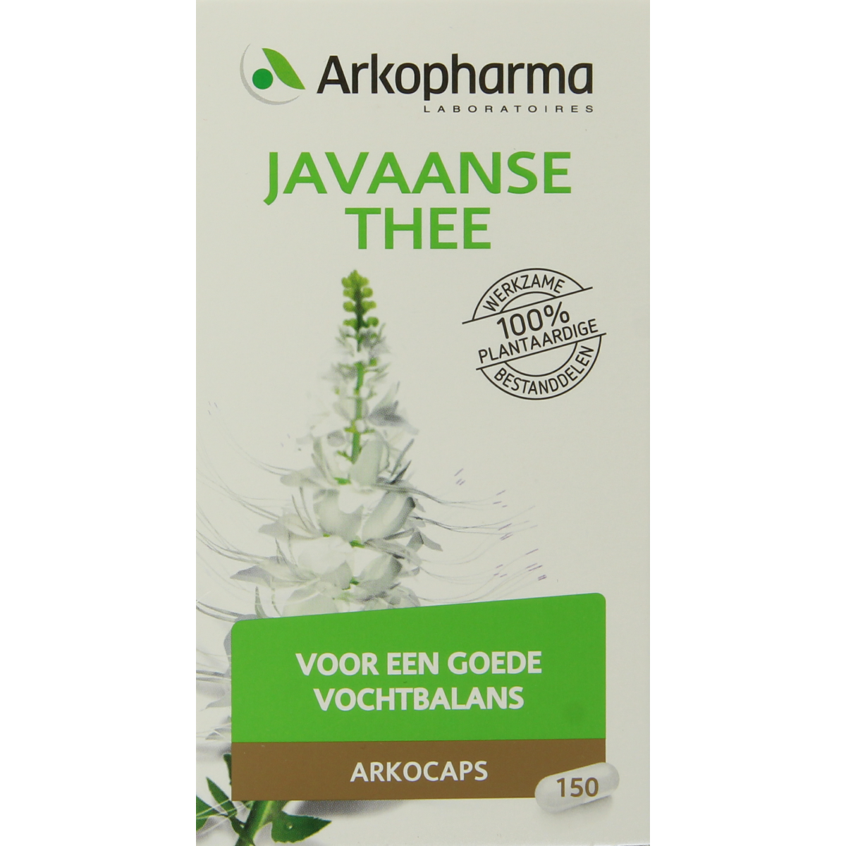 Arkocaps Javaanse thee capsules, herbal supplement, showing a bottle of 150 capsules for natural wellness.