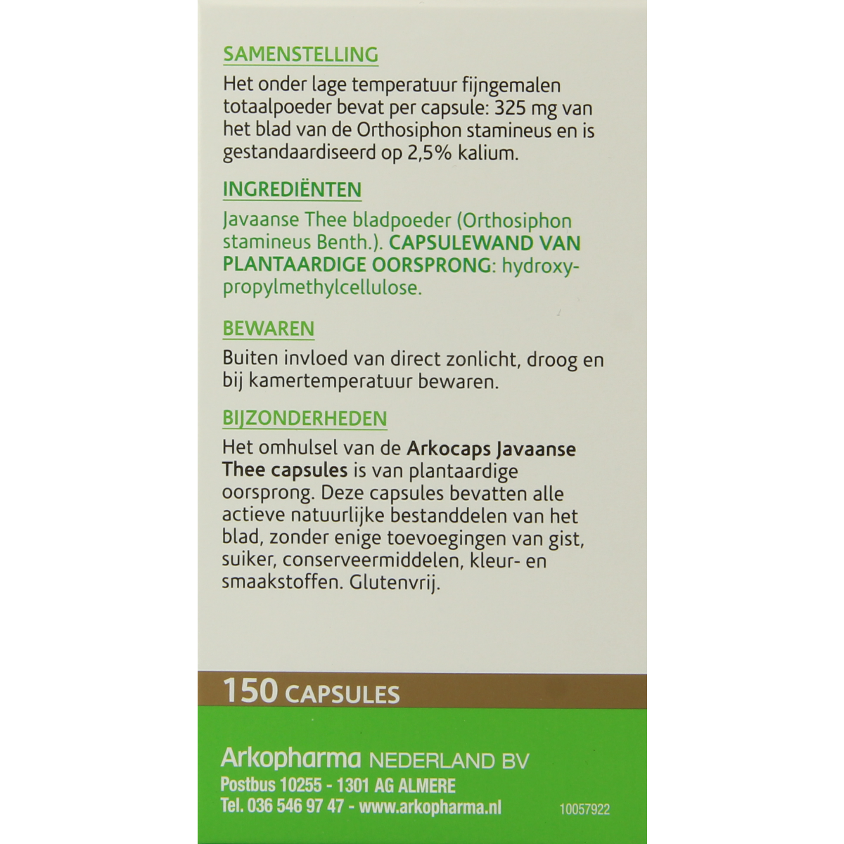 Arkocaps Javaanse thee capsules, herbal supplement in a white bottle with green label, showcasing 150 capsules for natural wellness.