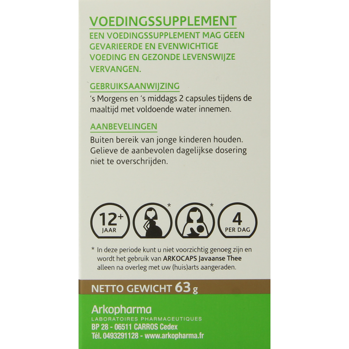 Arkocaps Javaanse thee herbal capsules, natural herbal supplement in a bottle, made by Arkocaps.