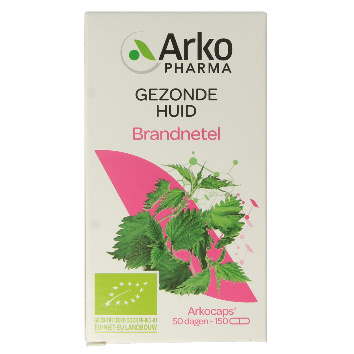 Arkocaps Brandnetel bio vegetarian capsules, herbal supplement in transparent bottle with green and white label, close-up view