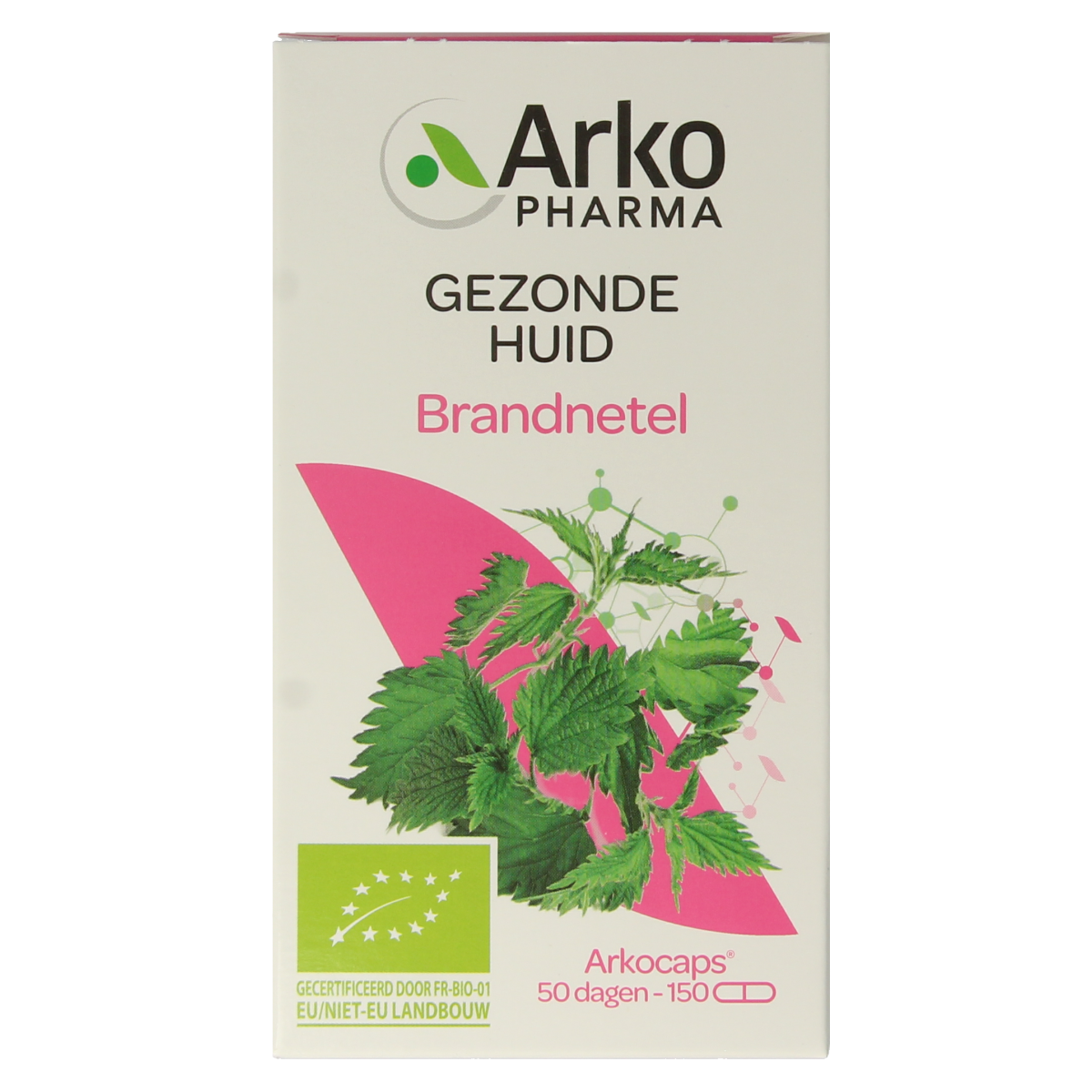 Arkocaps Brandnetel bio vegetarian capsules, herbal supplement in clear bottle with green label, showing capsules inside.
