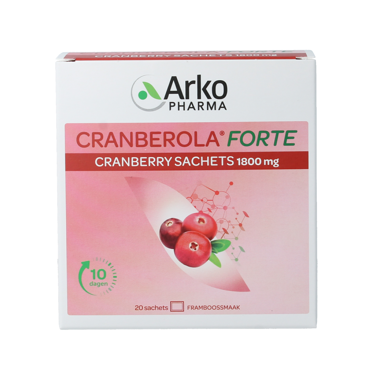 Cranberola Forte 10-day herbal supplement course with 20 sachets, featuring cranberry extract in a natural herbal preparation.