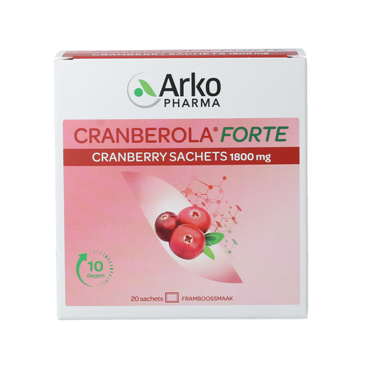 Cranberola Forte 10-day herbal supplement course with 20 sachets, featuring cranberry extract in a natural herbal preparation.