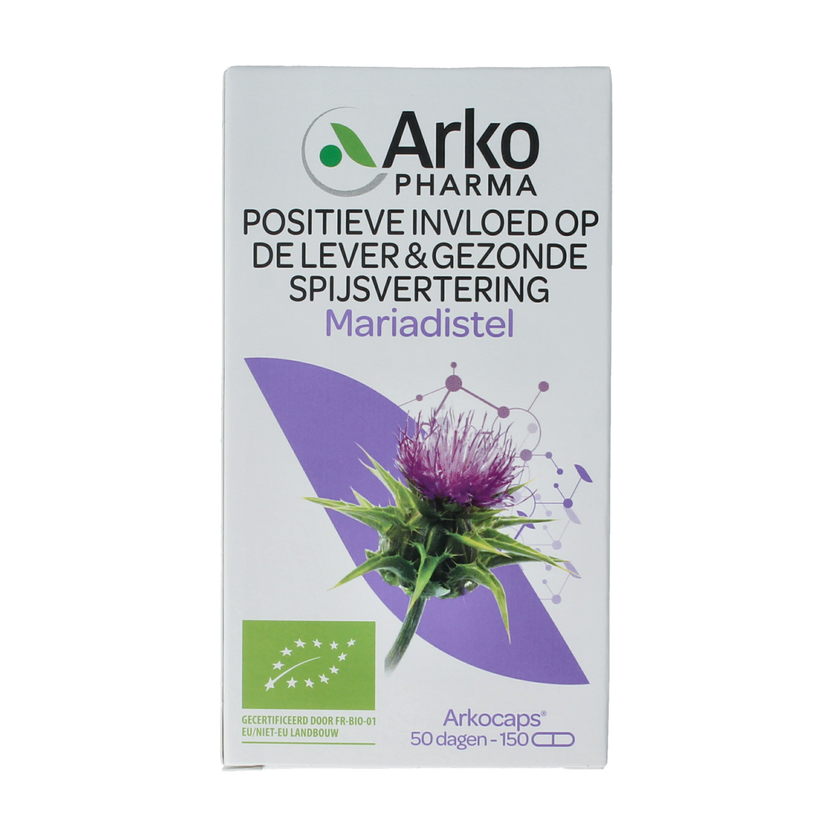 Arkocaps Mariadistel bio capsules, herbal supplement in a clear bottle with white capsules and green label, natural health product.