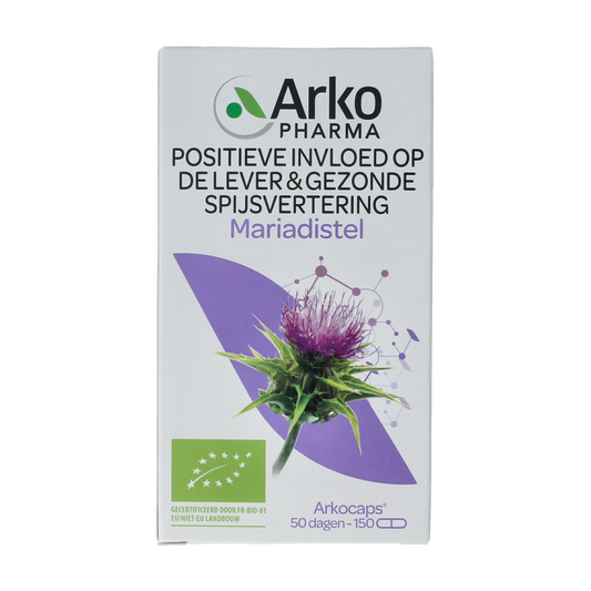 Arkocaps Mariadistel bio capsules, herbal supplement in a clear bottle with white capsules and green label, natural health product.