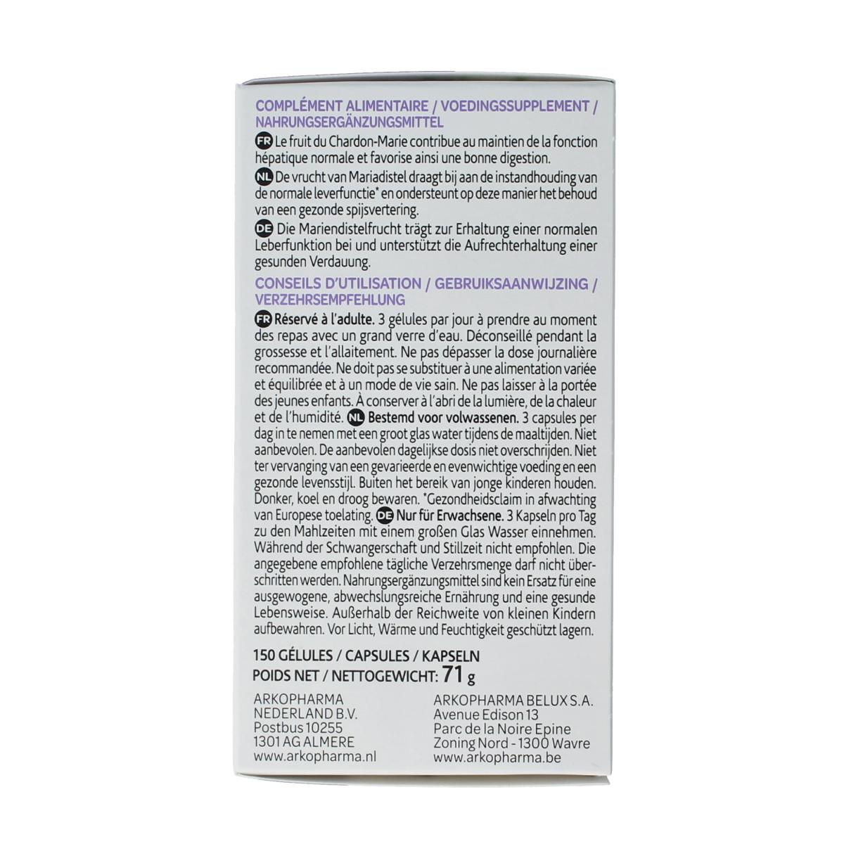 Arkocaps Mariadistel bio herbal capsules, 150 count, featuring green capsules in a clear container for liver support and detox.