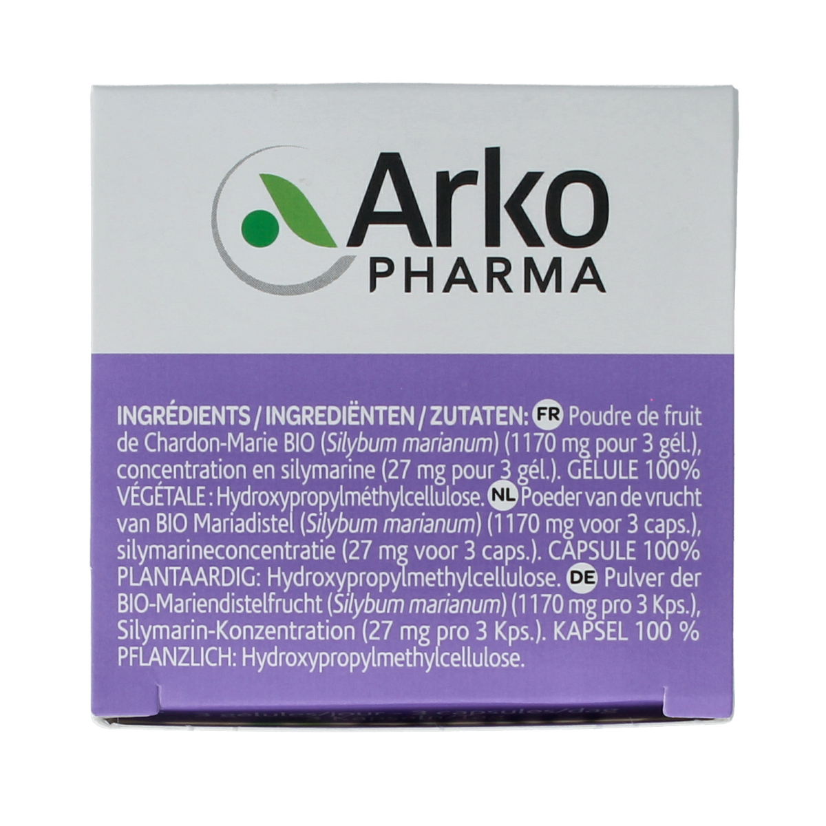Arkocaps Mariadistel bio herbal capsules, natural supplement in a clear container with white and green label.