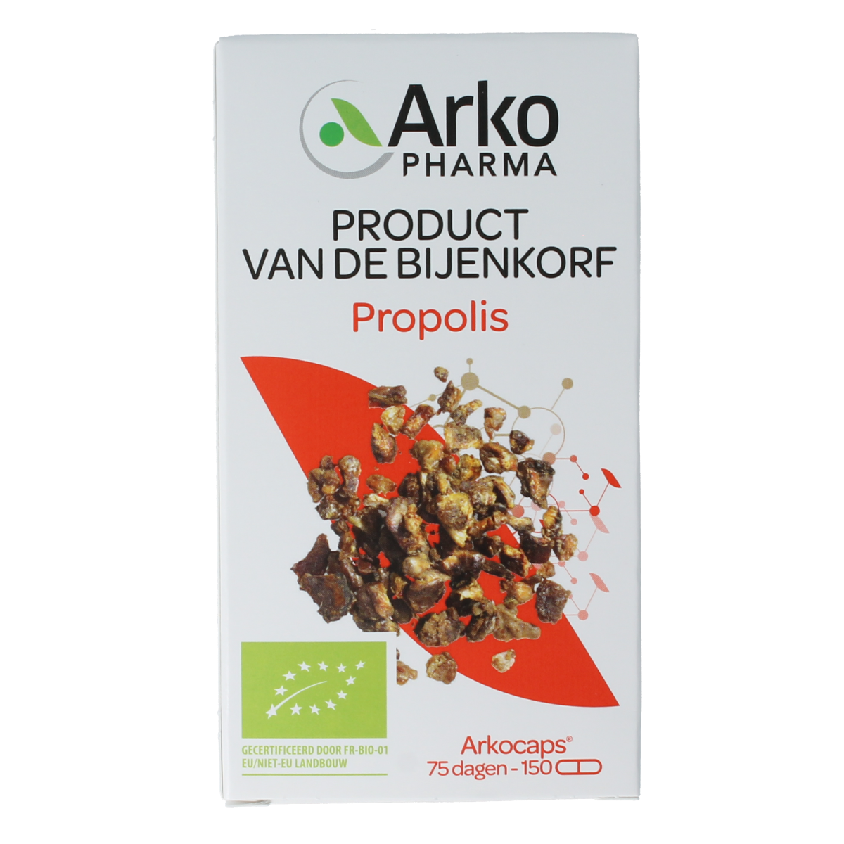 Arkocaps Propolis bio 150 capsules, herbal supplement in a clear jar with a white lid, showing golden capsules inside.