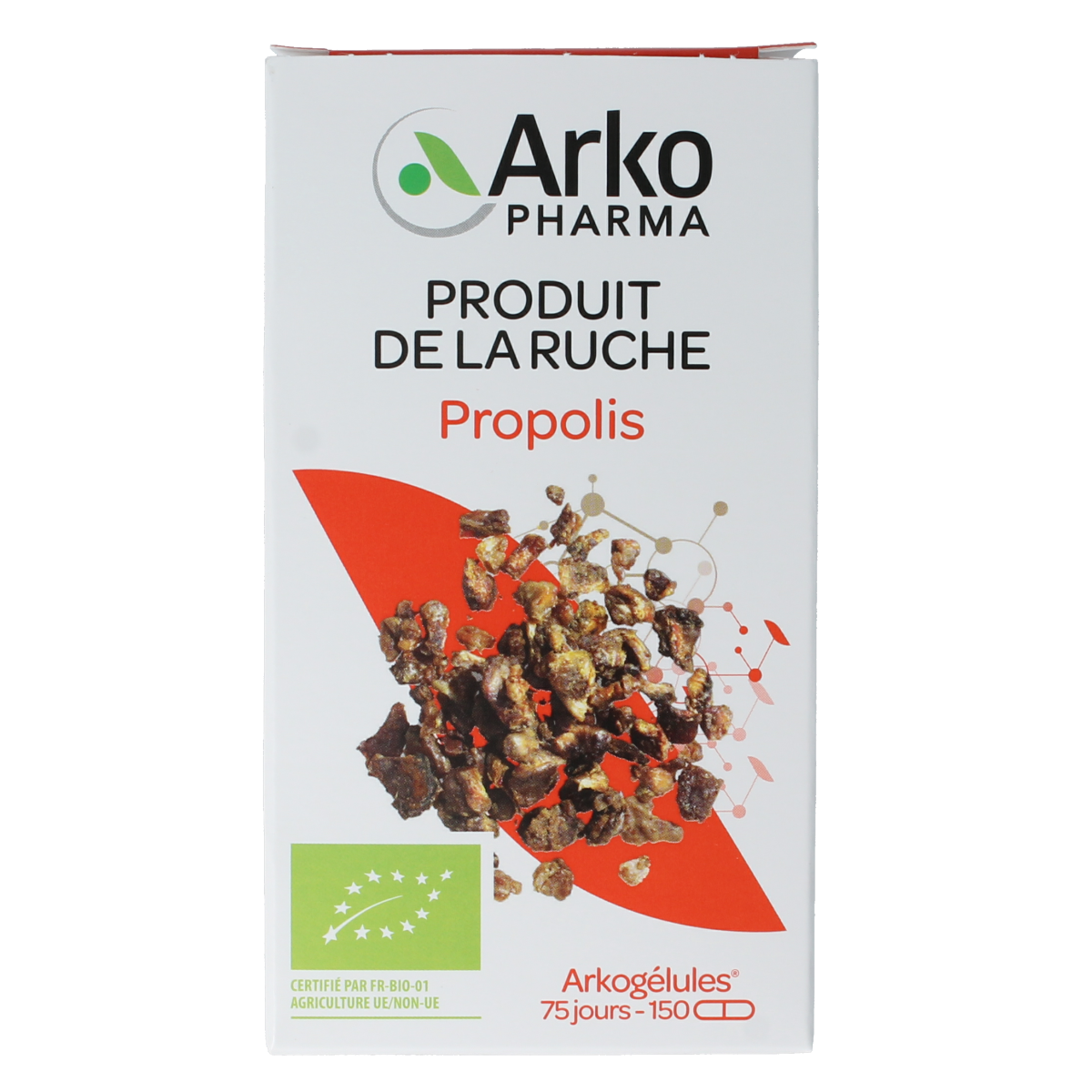 Arkocaps Propolis bio capsules, herbal supplement by Arkocaps, shown in a bottle with a white label and capsules inside.