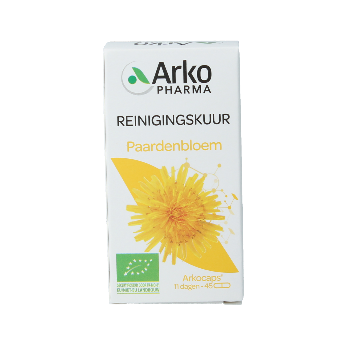 Arkocaps Paardenbloem bio herbal capsules, natural supplement, showing a bottle of 45 capsules for supporting digestion and liver health.