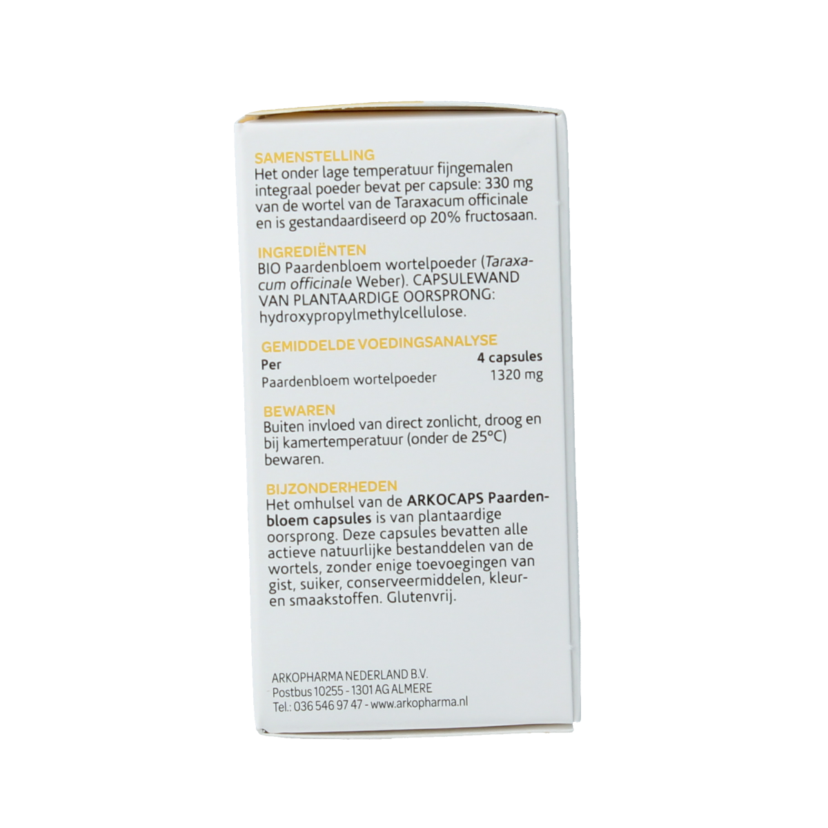 Arkocaps Paardenbloem bio herbal capsules, natural dietary supplement in a bottle, showcasing the product packaging and capsules.