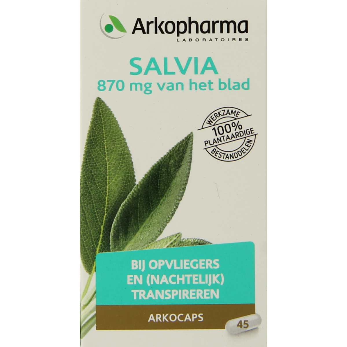 Arkocaps Salvia bio herbal capsules, natural supplement in a white bottle with green label, designed for herbal health support.