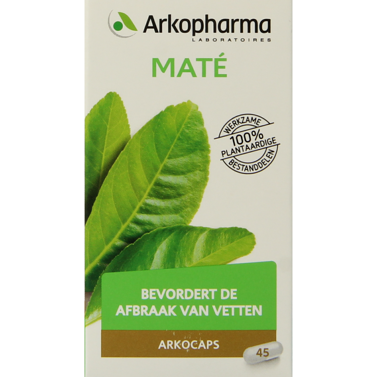 Arkocaps Mate herbal capsules in a clear bottle with a white label displaying the Arkocaps logo and product information.