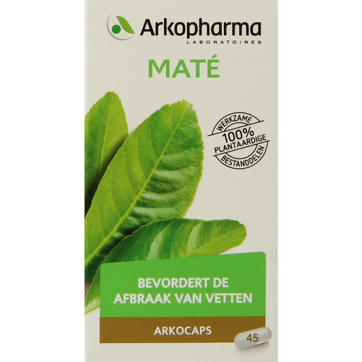 Arkocaps Mate herbal capsules, 45-count, in a bottle, featuring natural plant-based ingredients for wellness.