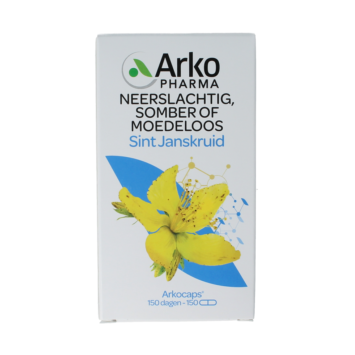 Arkocaps Sint Janskruid capsules in a clear container, herbal supplement for mood support, by Arkocaps.