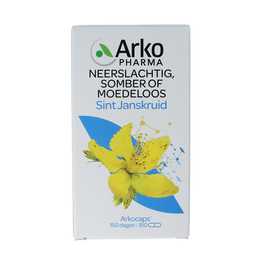 Arkocaps Sint Janskruid capsules in a clear container, herbal supplement for mood support, by Arkocaps.