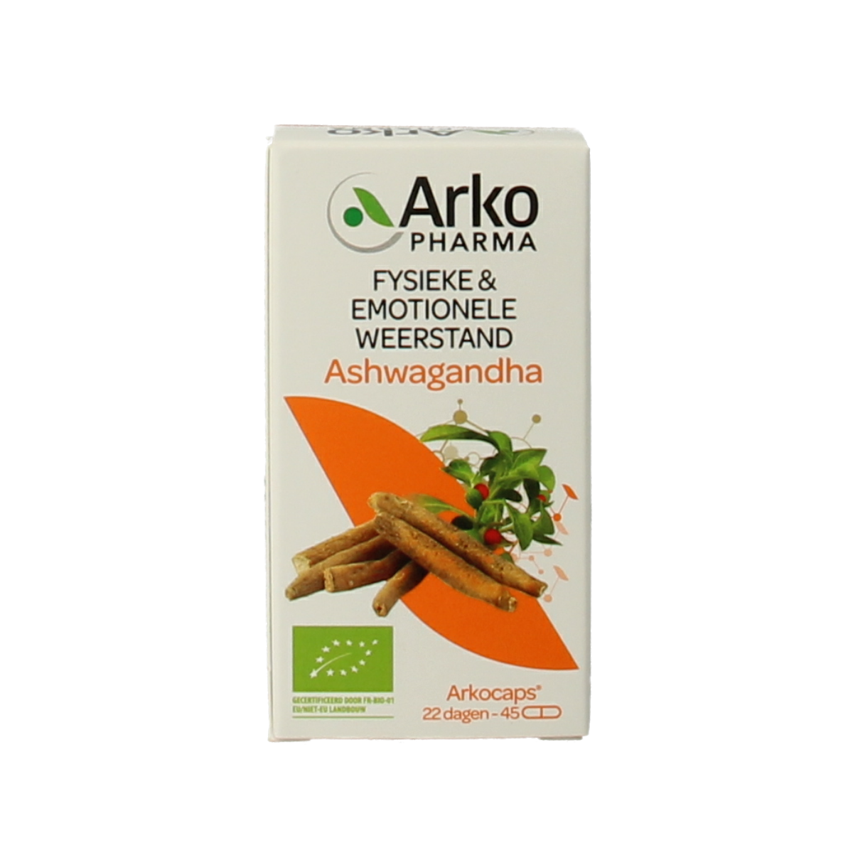 Arkocaps Ashwagandha bio capsules, herbal supplement in a bottle, designed for natural stress relief and wellness.