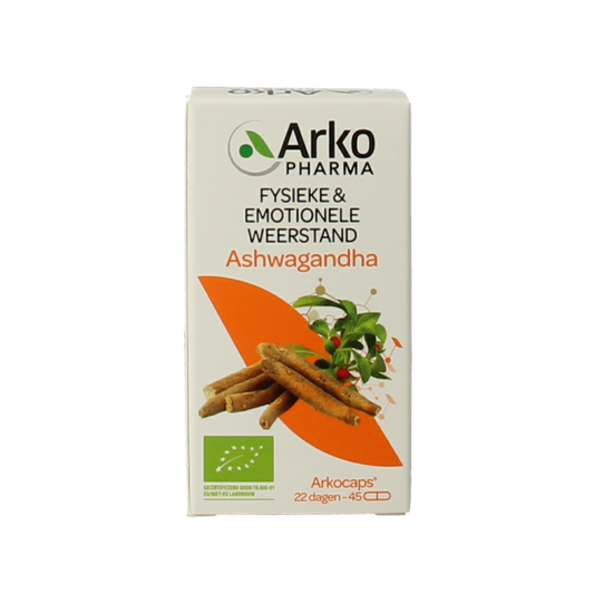 Arkocaps Ashwagandha bio capsules, herbal supplement in a bottle, designed for natural stress relief and wellness.