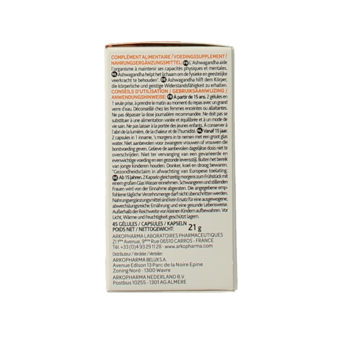 Arkocaps Ashwagandha bio herbal capsules in a bottle, showcasing natural supplement packaging from Arkocaps brand.
