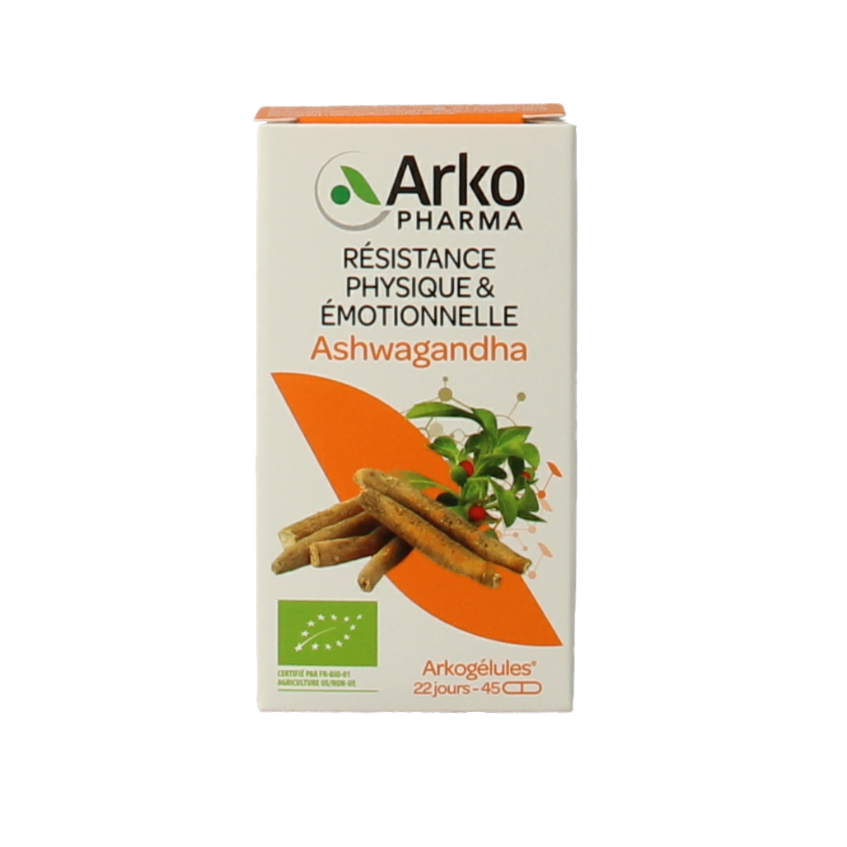 Arkocaps Ashwagandha bio herbal capsules, 45-count, natural supplement for stress and vitality, in a plastic bottle.