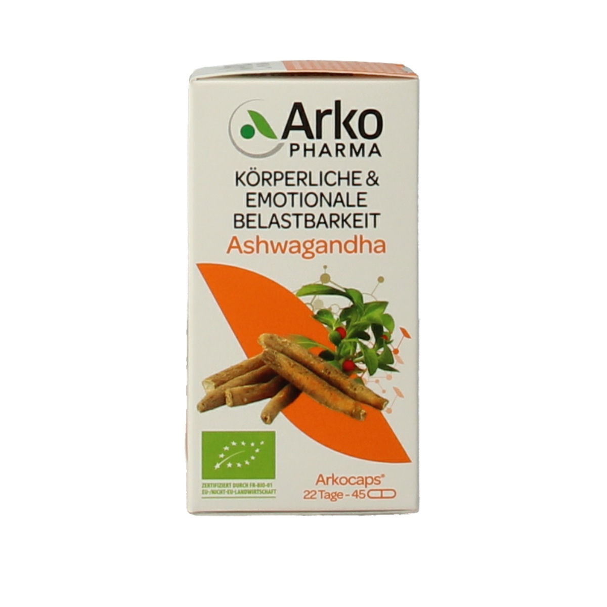 Arkocaps Ashwagandha bio capsules in a bottle, herbal supplement by Arkocaps, with 45 capsules for natural wellness.