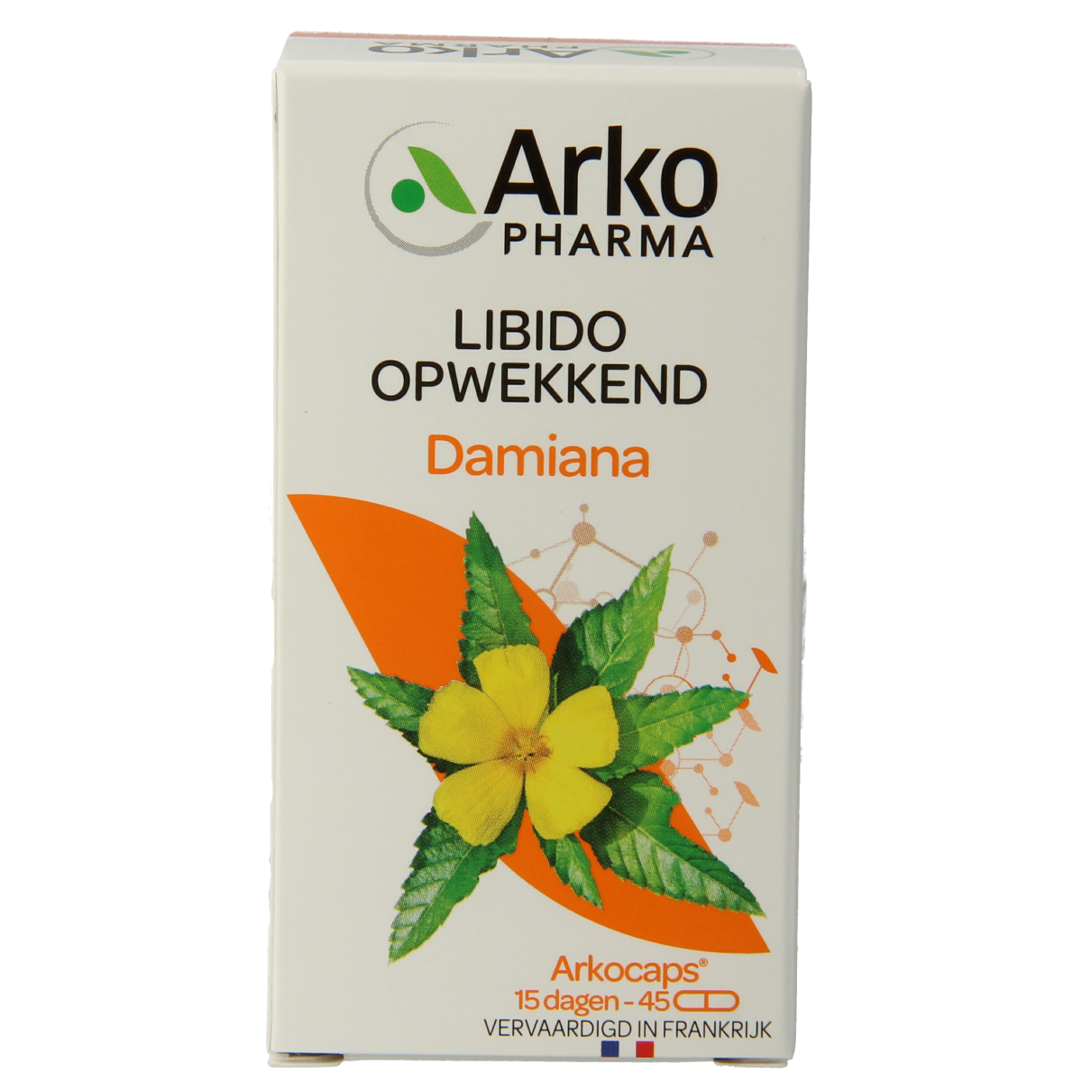 Arkocaps Damiana herbal capsules in a blister pack, natural plant supplement from Arkocaps for wellness and herbal support.