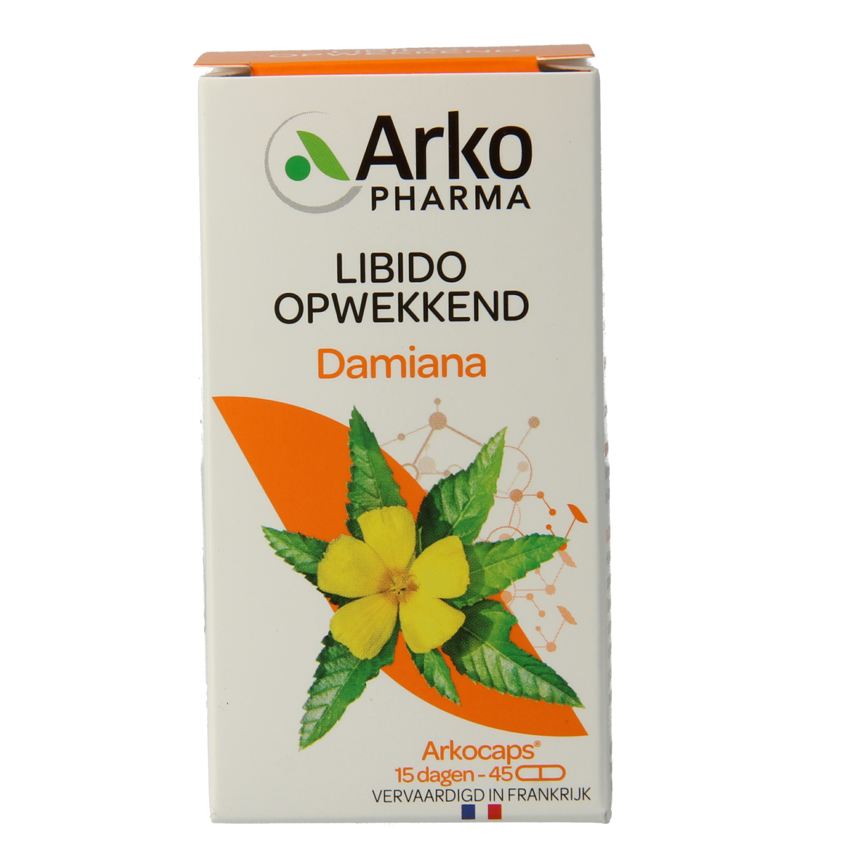 Arkocaps Damiana herbal capsules by Arkocaps, 45-count package, showing the supplement capsules in a natural herbal preparation.