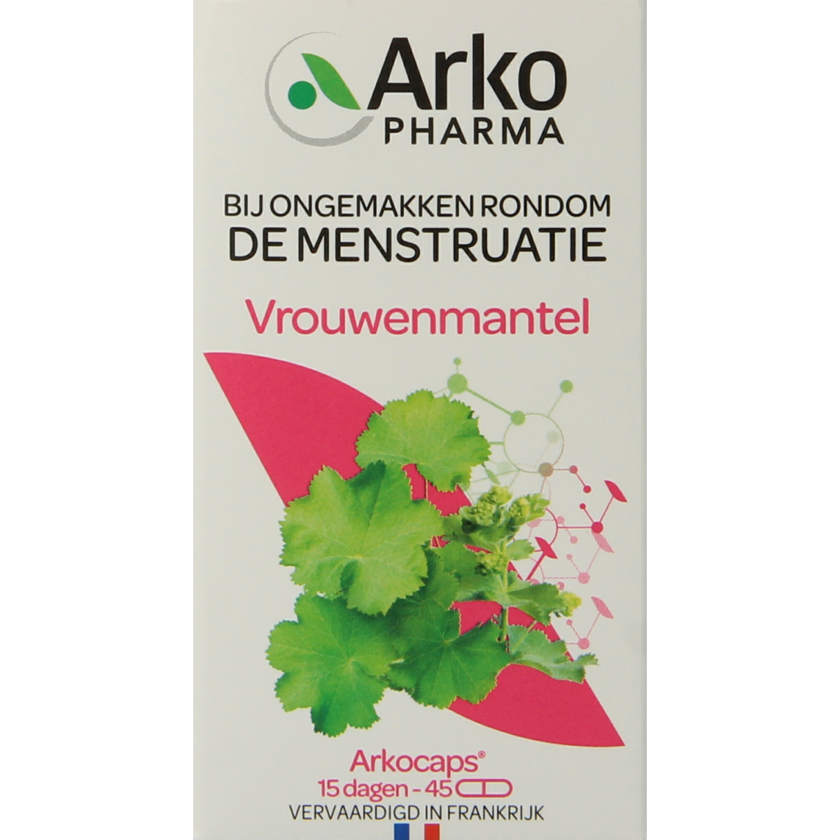 Arkocaps Vrouwenmantel capsules, herbal supplement by Arkocaps, shown in a close-up of the product packaging.