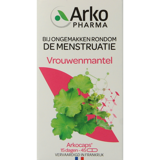 Arkocaps Vrouwenmantel capsules, herbal supplement by Arkocaps, shown in a close-up of the product packaging.