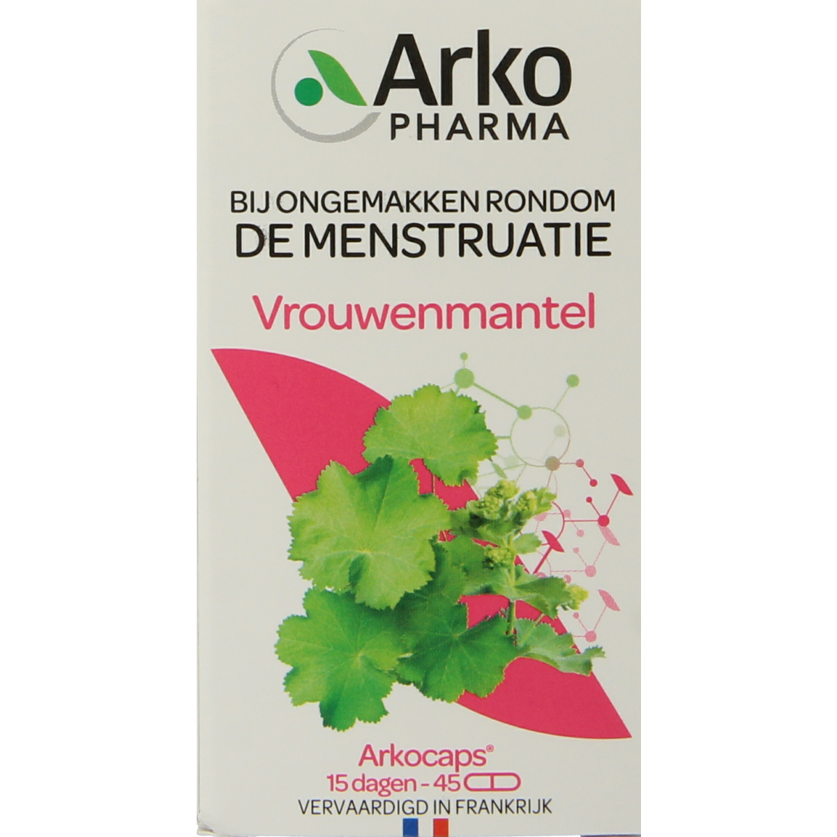 Arkocaps Vrouwenmantel capsules in a blister pack, herbal supplement by Arkocaps for women's health.