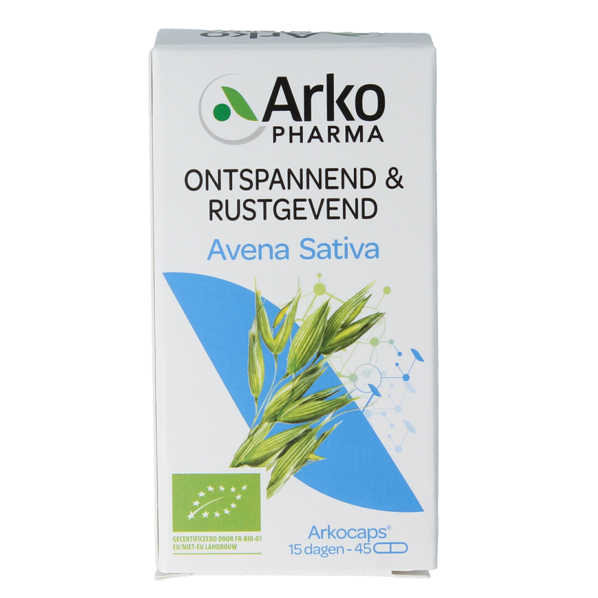 Arkocaps Avena sativa bio capsules in a clear bottle, showing 45 capsules for herbal supplement and stress relief.