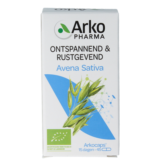 Arkocaps Avena sativa bio capsules in a clear bottle, showing 45 capsules for herbal supplement and stress relief.