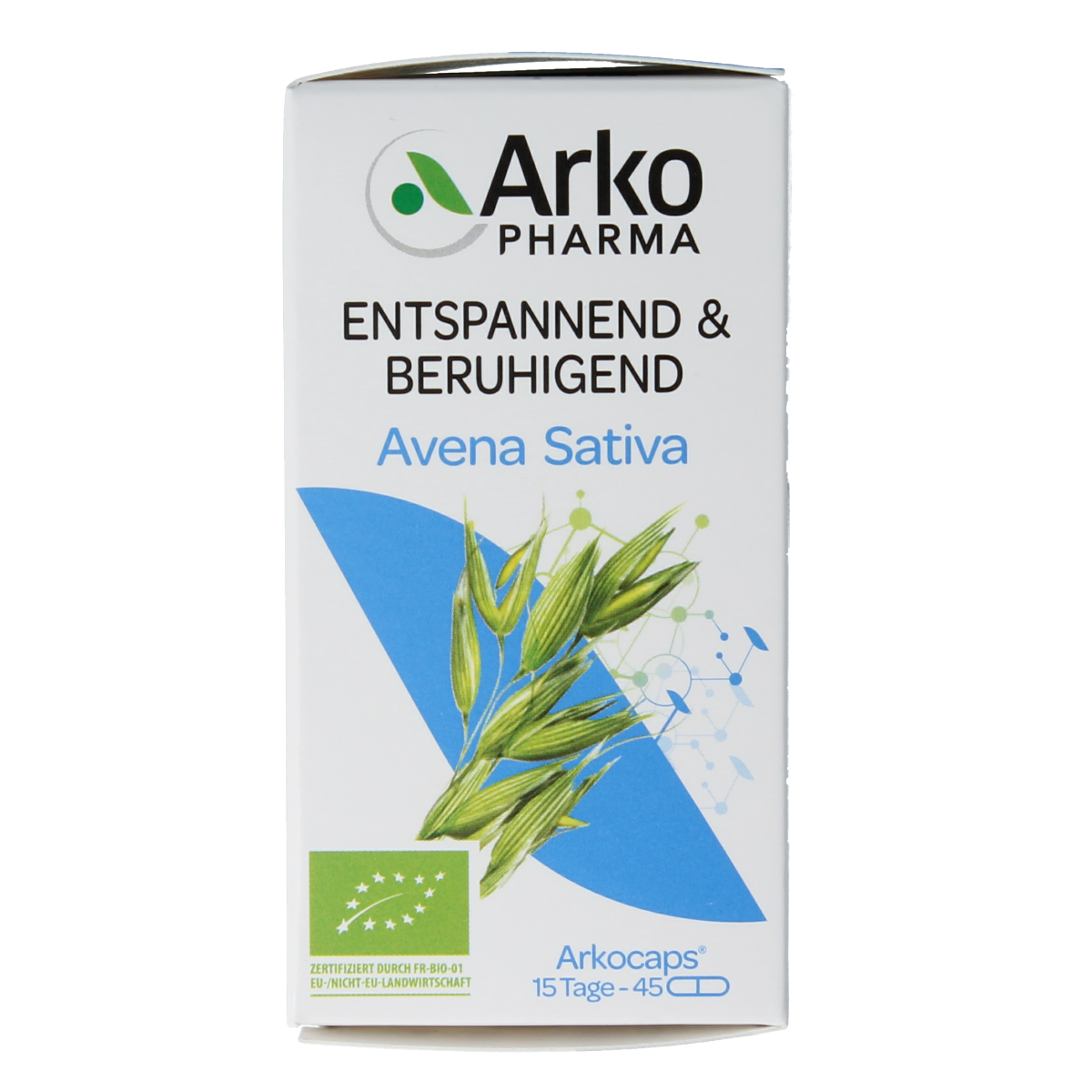 Arkocaps Avena sativa bio herbal capsules in a bottle, featuring a label with product details and branding.