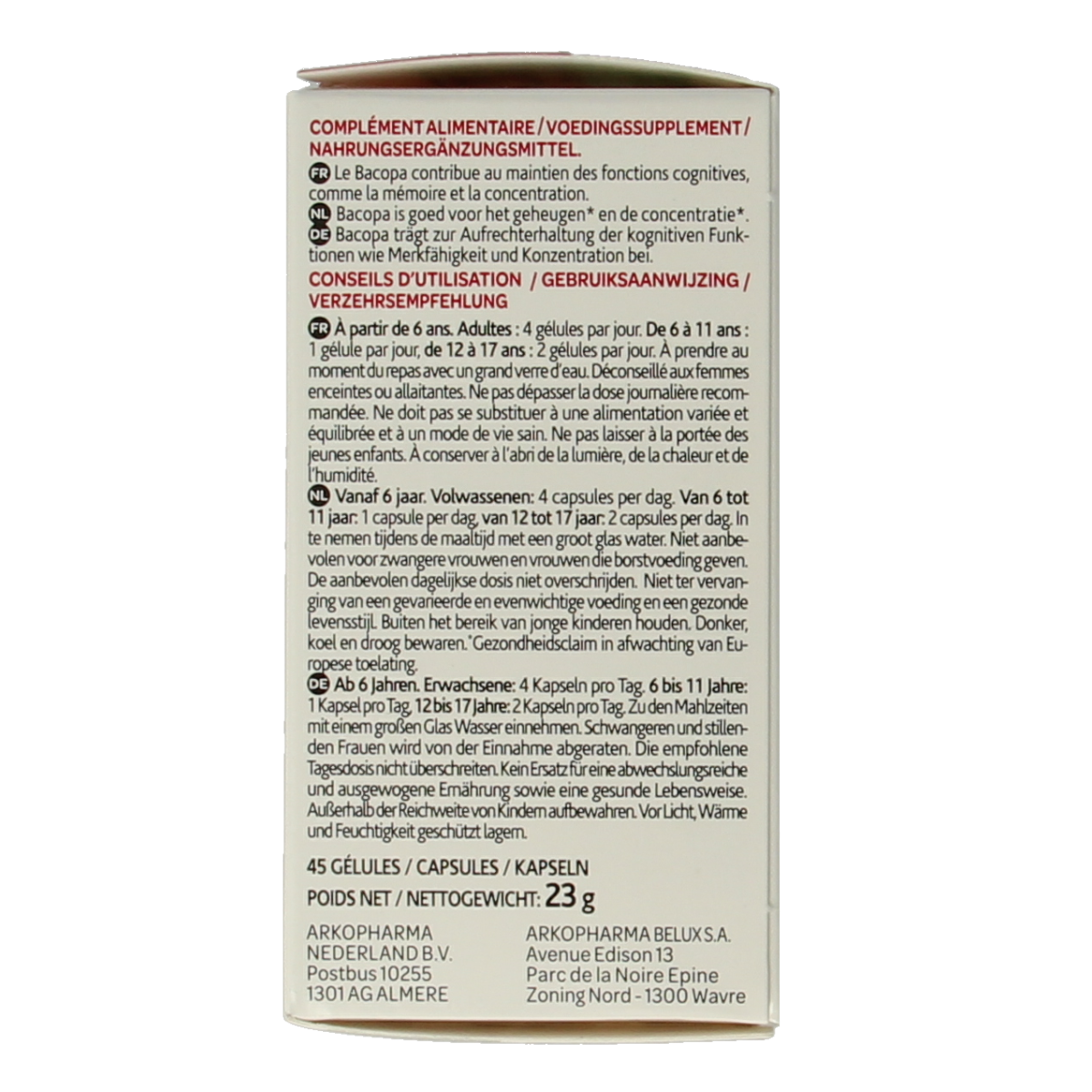 Arkocaps Bacopa herbal capsules in a bottle, dietary supplement for cognitive support, from Arkocaps brand.