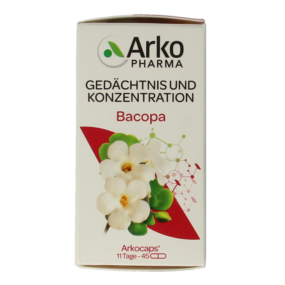 Arkocaps Bacopa herbal capsules, natural supplement in a clear bottle with white cap, showcasing the product label.