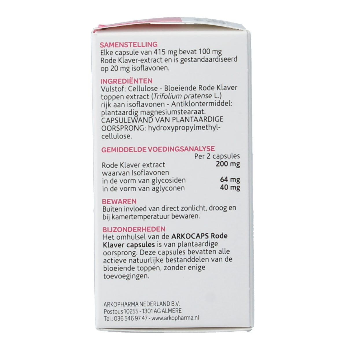 Arkocaps Rode Klaver herbal capsules in a bottle, part of Arkocaps kruidenpreparaten line, showing the product packaging.