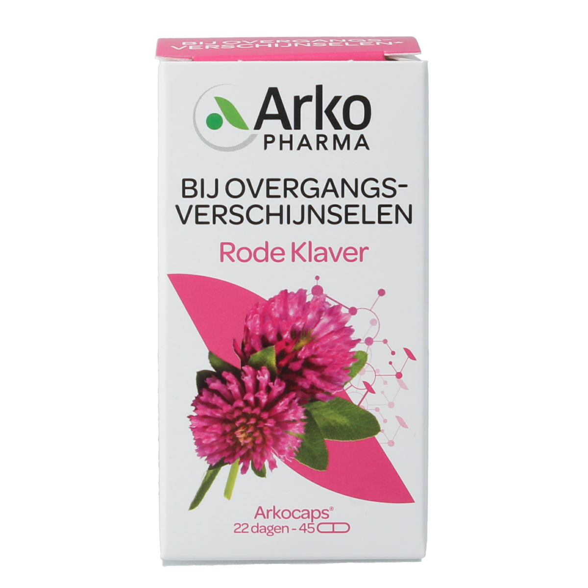 Arkocaps Rode klaver capsules in a bottle, herbal supplement from Arkocaps, used for supporting women's health and hormonal balance.