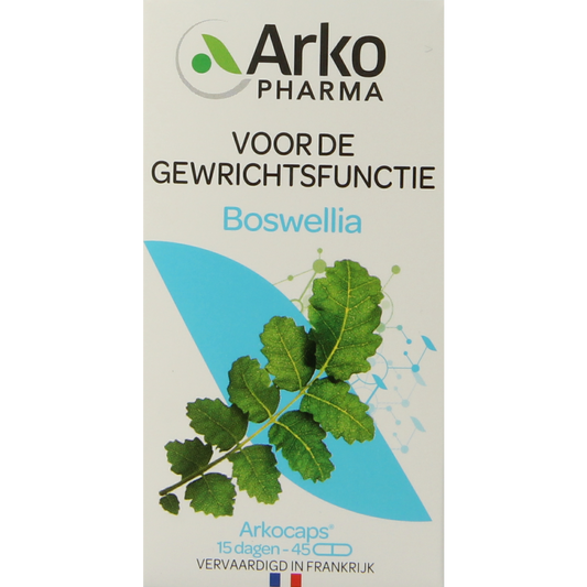 Arkocaps Boswellia capsules in a container, herbal supplement by Arkocaps, used for joint and immune health.