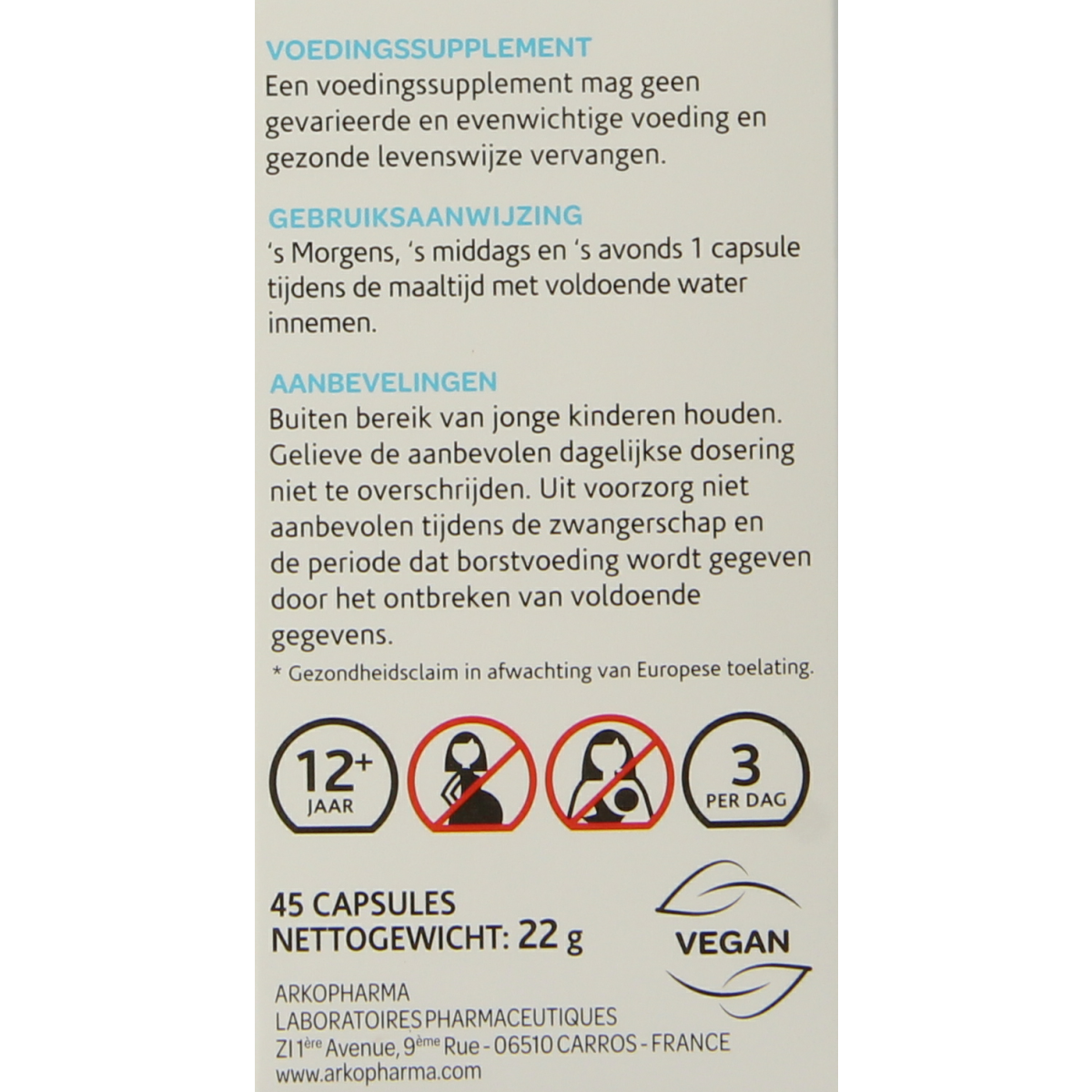 Arkocaps Boswellia herbal capsules in a clear bottle, with label showing the Arkocaps brand and product details.