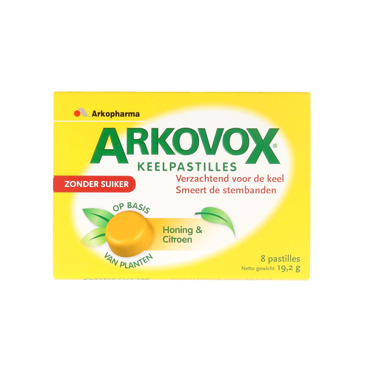 Arkovox Honing citroen keelpastilles in a clear container, showing lemon and honey flavored herbal throat lozenges.