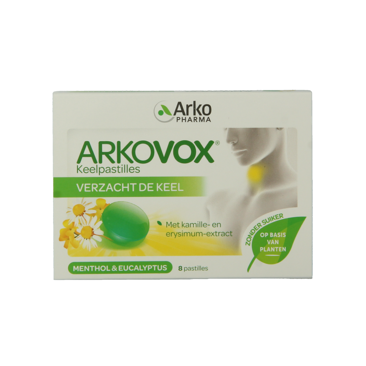 Arkovox Menthol Eucalyptus Keelpastilles in a clear container, showcasing the herbal throat lozenges.