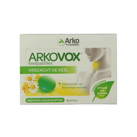 Arkovox Menthol Eucalyptus Keelpastilles in a clear container, showcasing the herbal throat lozenges.