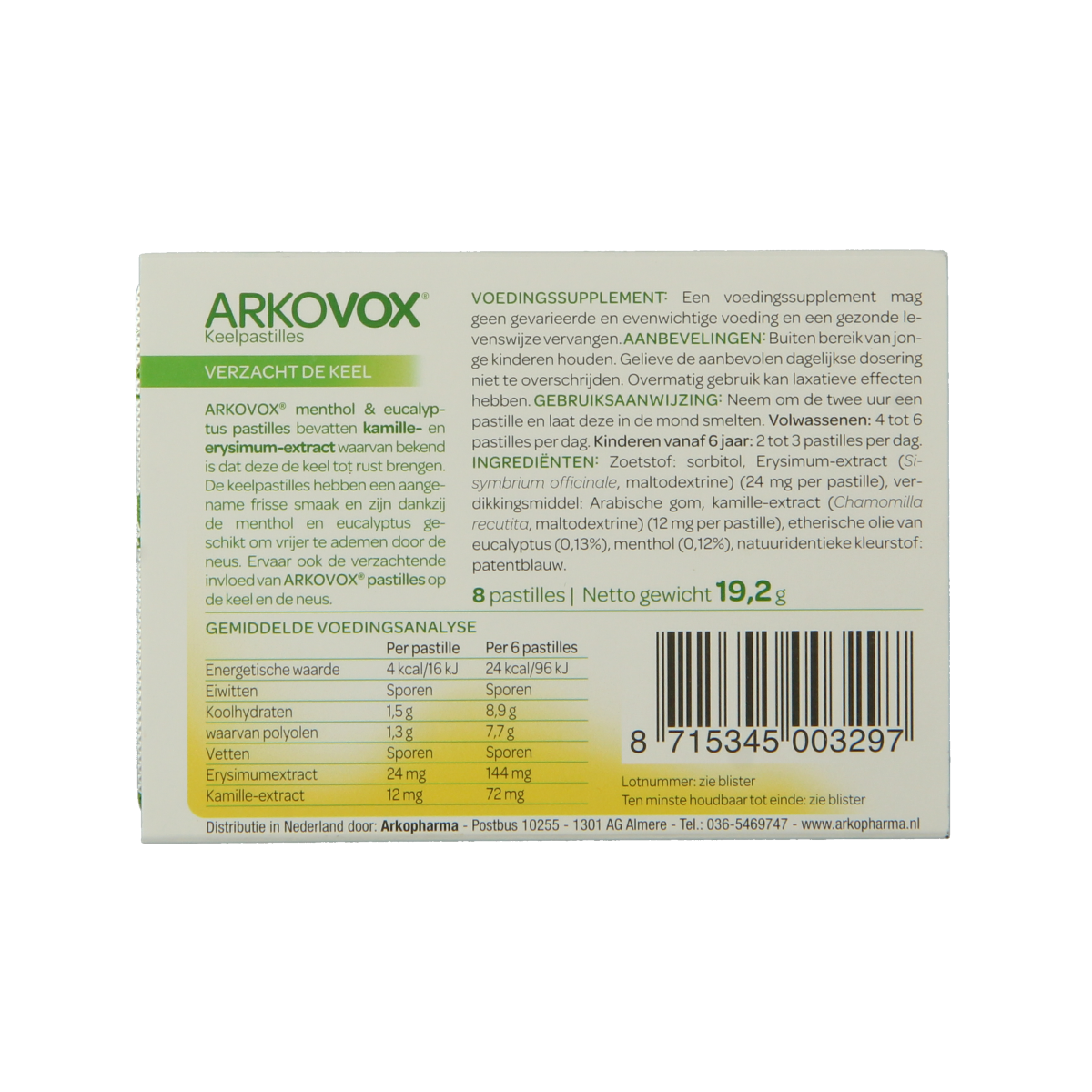 Arkovox Menthol Eucalyptus Keelpastilles in a clear container, showcasing 8 menthol eucalyptus herbal pastilles.