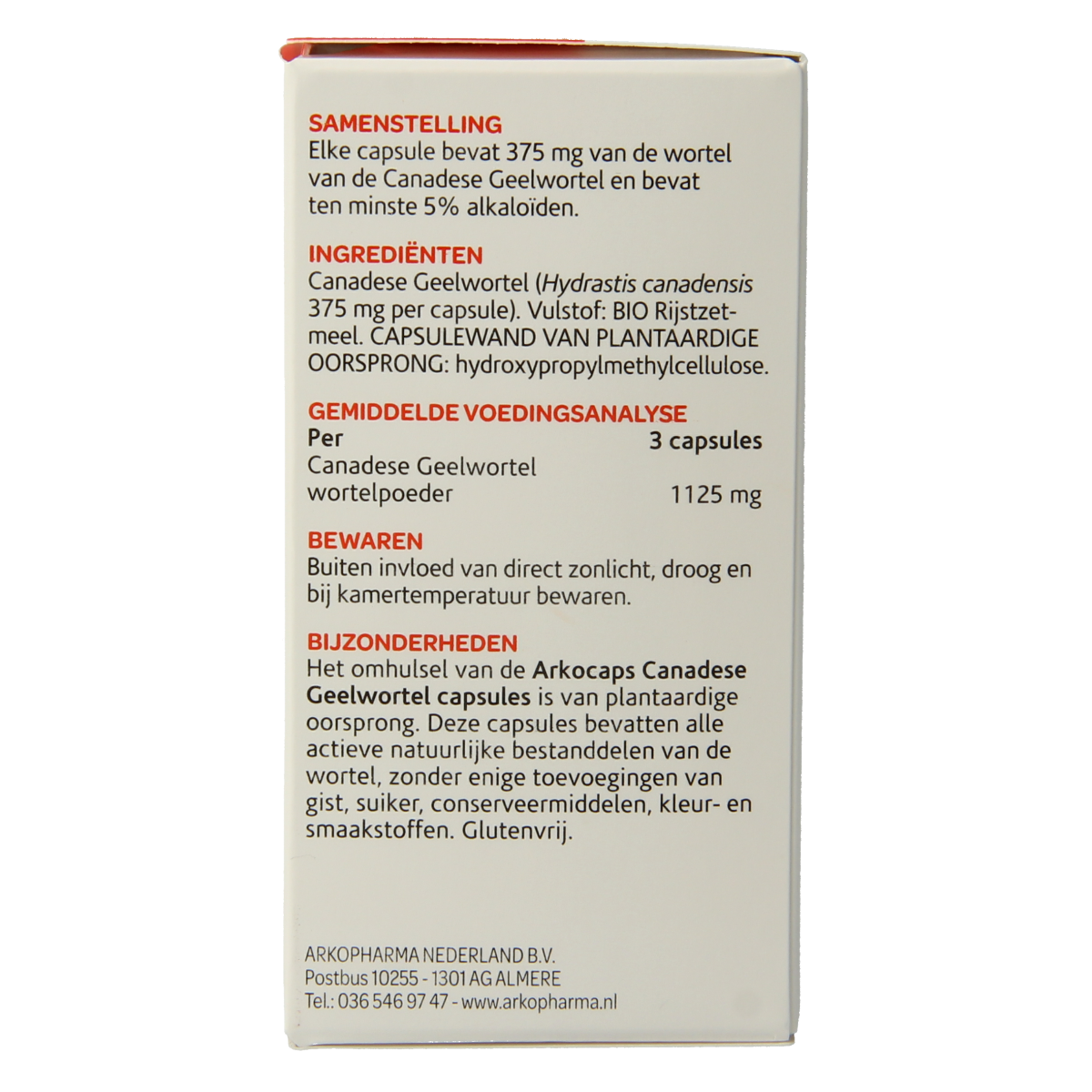 Arkocaps Canadese geelwortel capsules, herbal supplement by Arkocaps, showing a bottle of 45 capsules with yellow turmeric powder.