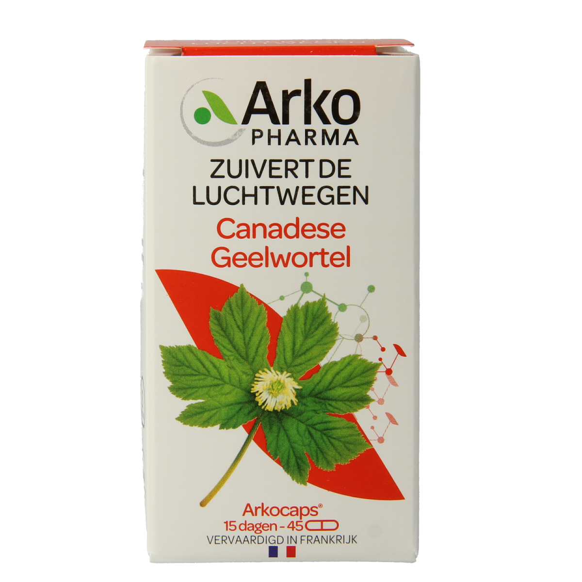 Arkocaps Canadese geelwortel capsules, herbal supplement, with bright yellow capsules in a blister pack.