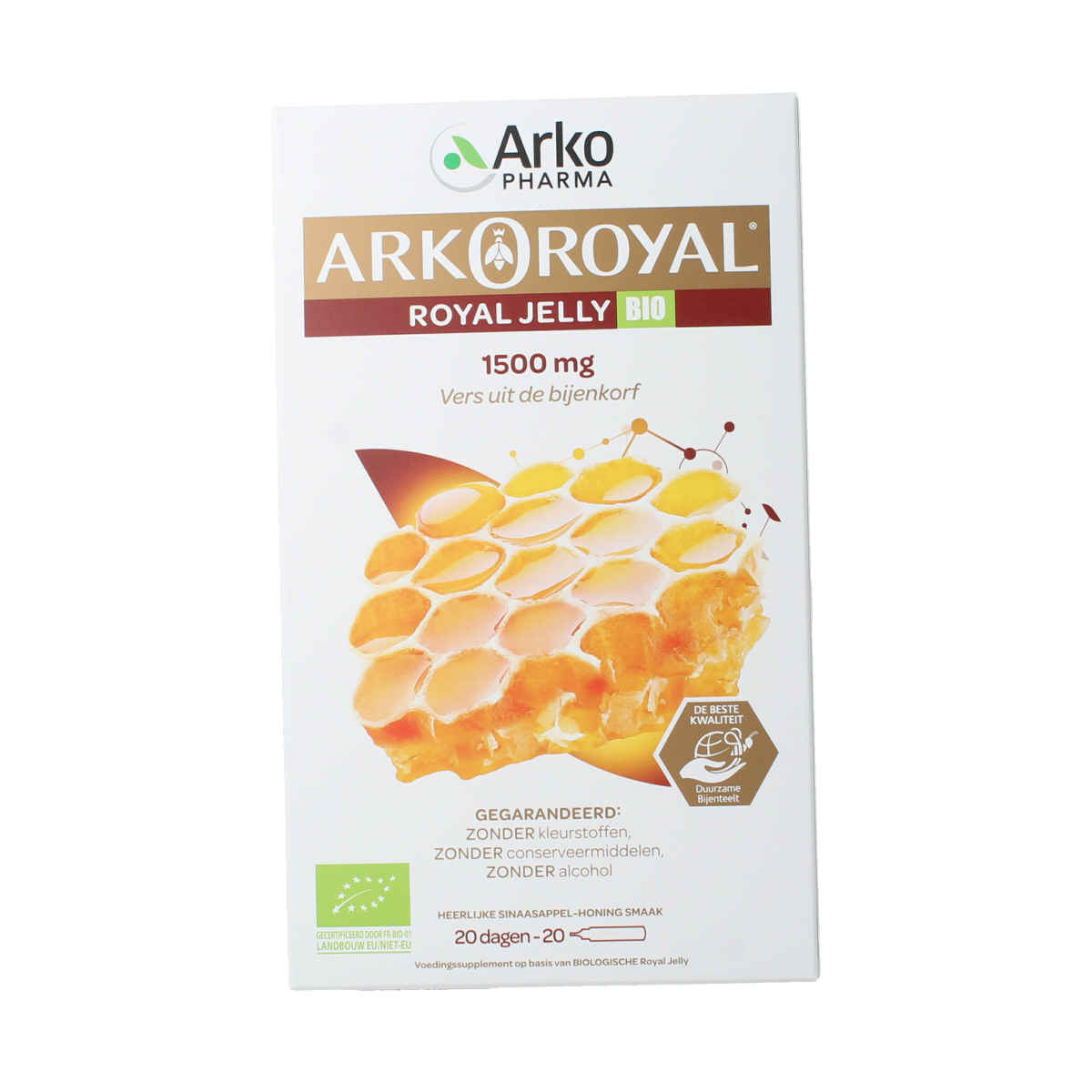Arko Royal Royal Jelly 1500mg bio ampoules, clear glass vials with golden liquid inside, labeled with product details.