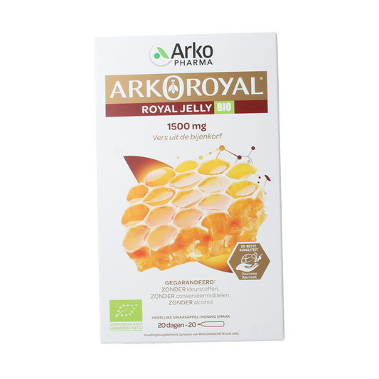 Arko Royal Royal Jelly 1500mg bio ampoules, clear glass vials with golden liquid inside, labeled with product details.