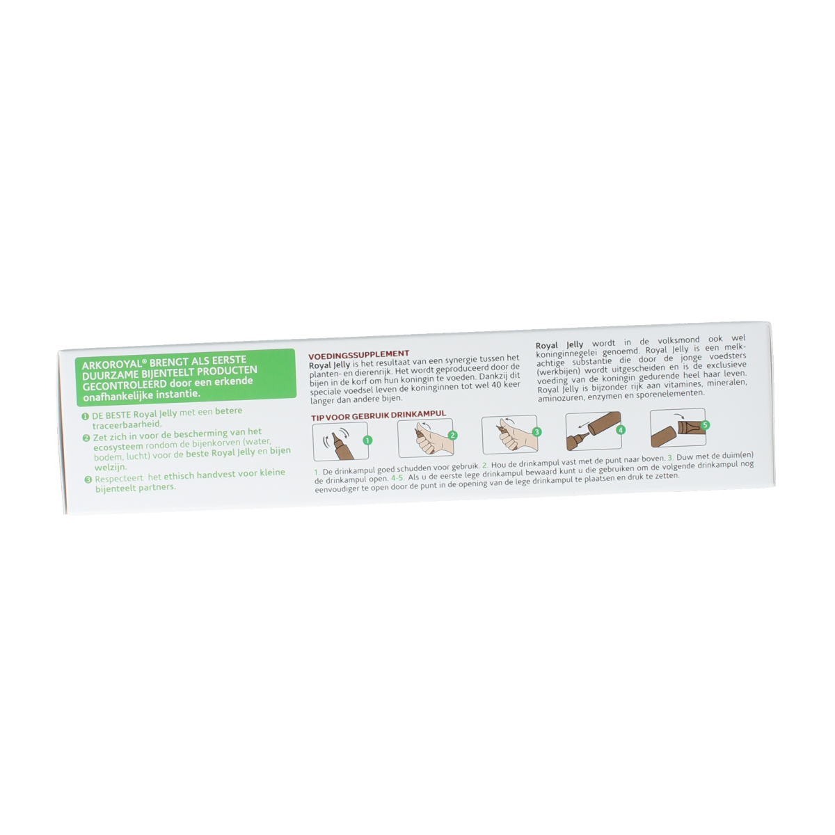 Arko Royal Royal Jelly 1500mg bio ampoules, 20-pack, featuring clear glass vials with golden liquid inside.