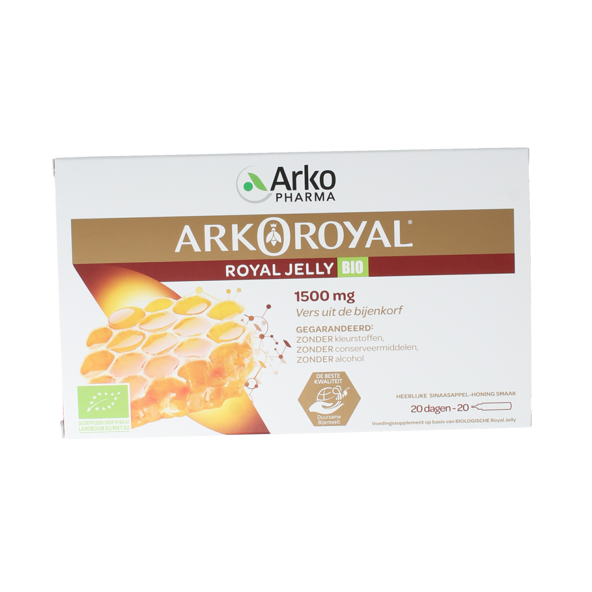 Arko Royal Royal Jelly 1500mg bio ampoules, clear glass vials with yellow liquid, on a white background.