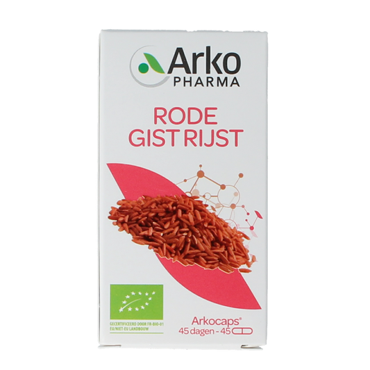 Arkocaps Rode Gist Rijst bio capsules in a bottle, herbal supplement from Arkocaps, natural herbal product for health support.
